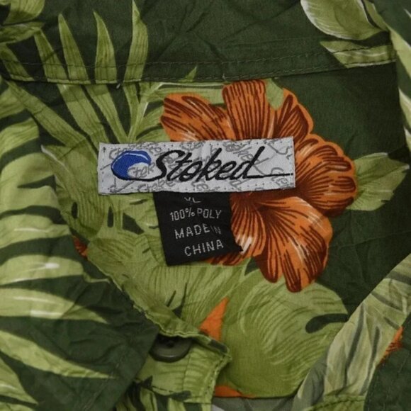 STOKED Hawaiian Short Sleeve Shirt Button Down Green Orange Crinkle  Size XL - Picture 6 of 8